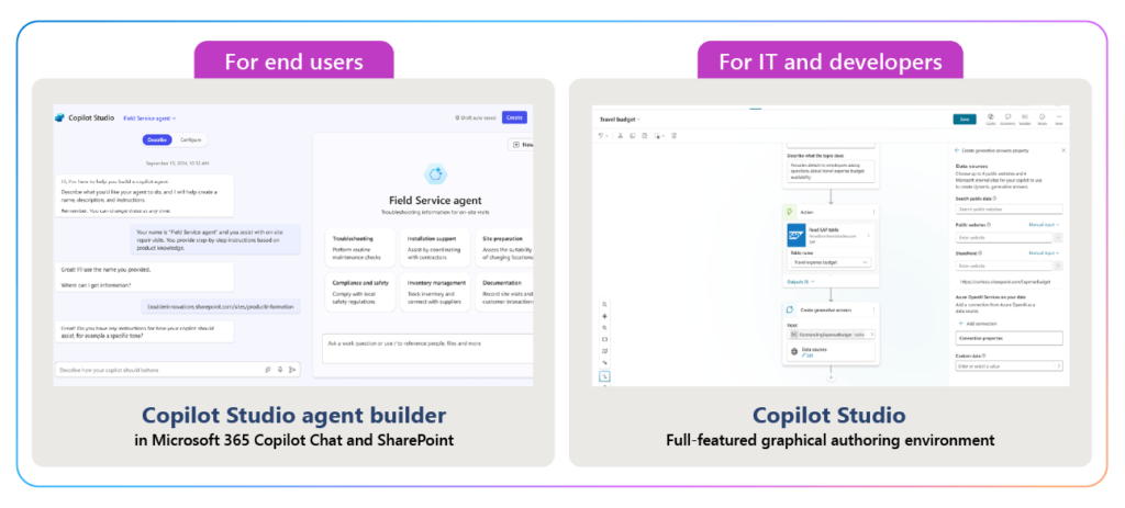 Images of Copilot Studio agent builder and the Copilot Studio full-featured authoring environment side-by-side.