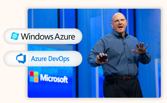 Image showing Ballmer presenting at an event, with Windows Azure and Azure DevOps logos overlaid on the photo.