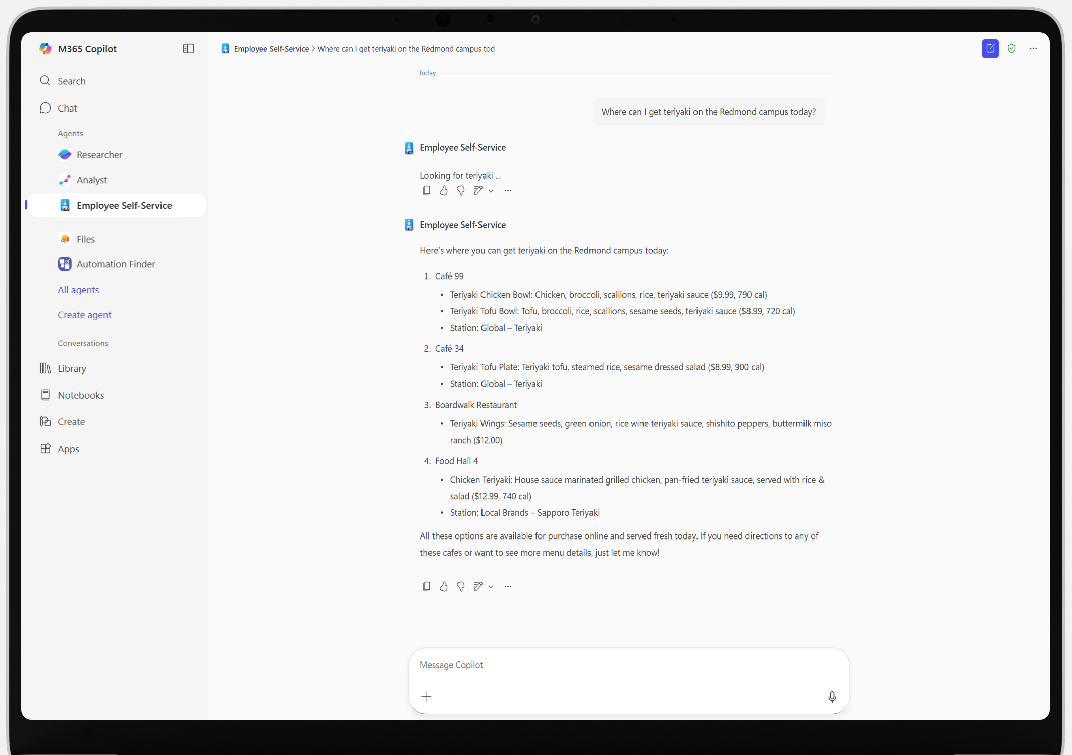 A screenshot shows an employee query looking for teriyaki and the agentic response listing multiple locations where the dish is being offered that day.