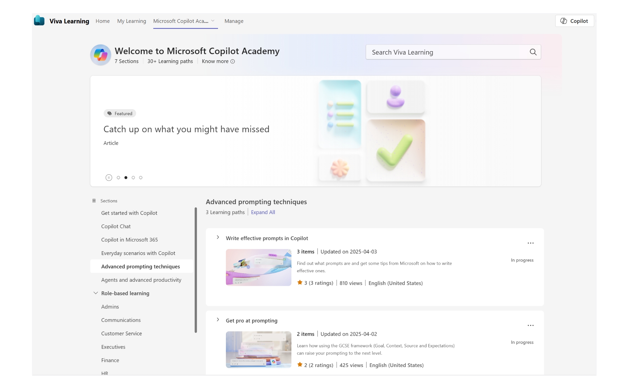 A screenshot of the Microsoft Copilot Academy in Viva Learning.