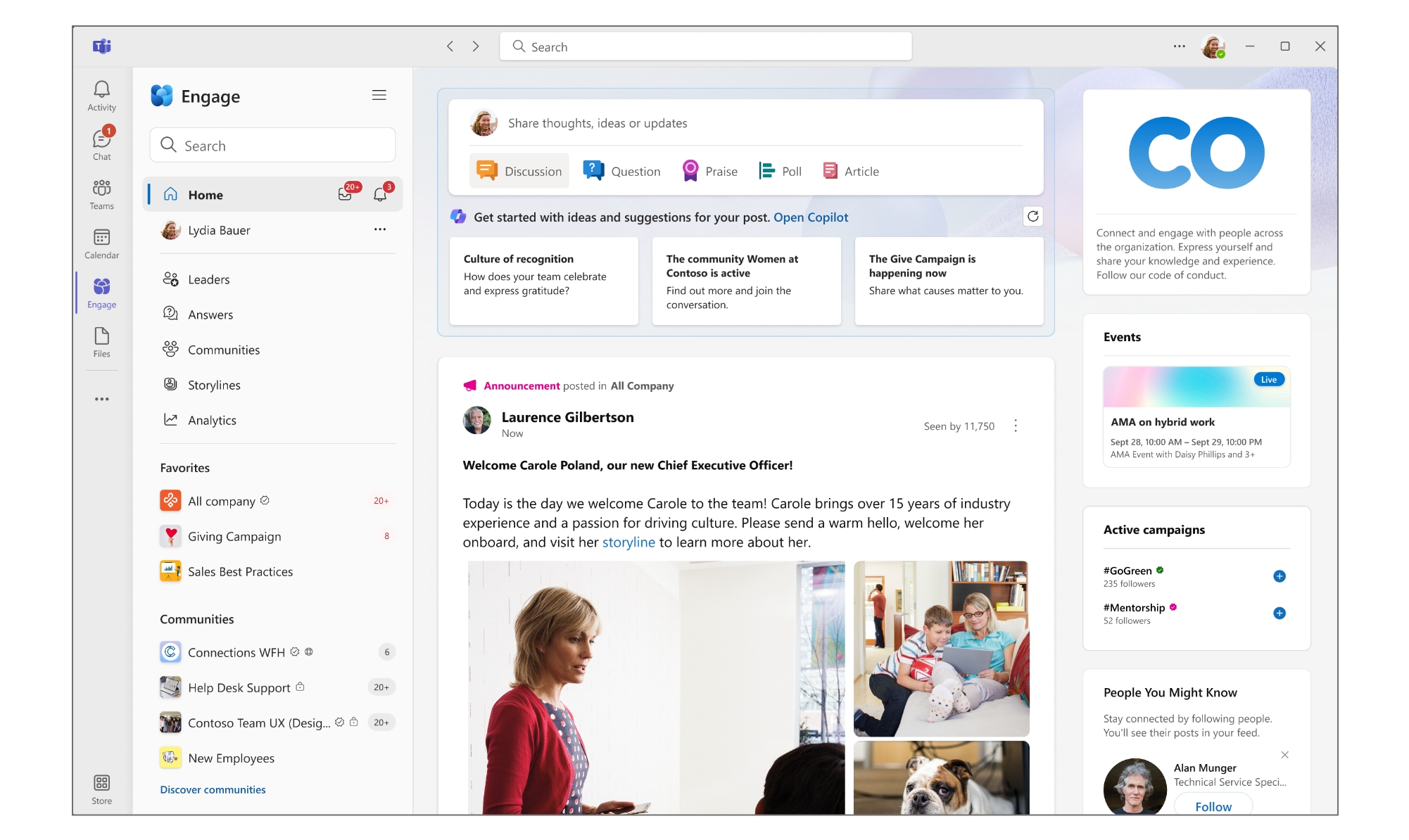 A screenshot of a typical Viva Engage interface where a new employee is welcomed to a new team.