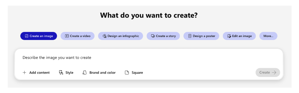 Screenshot of the Create module landing page in Copilot.