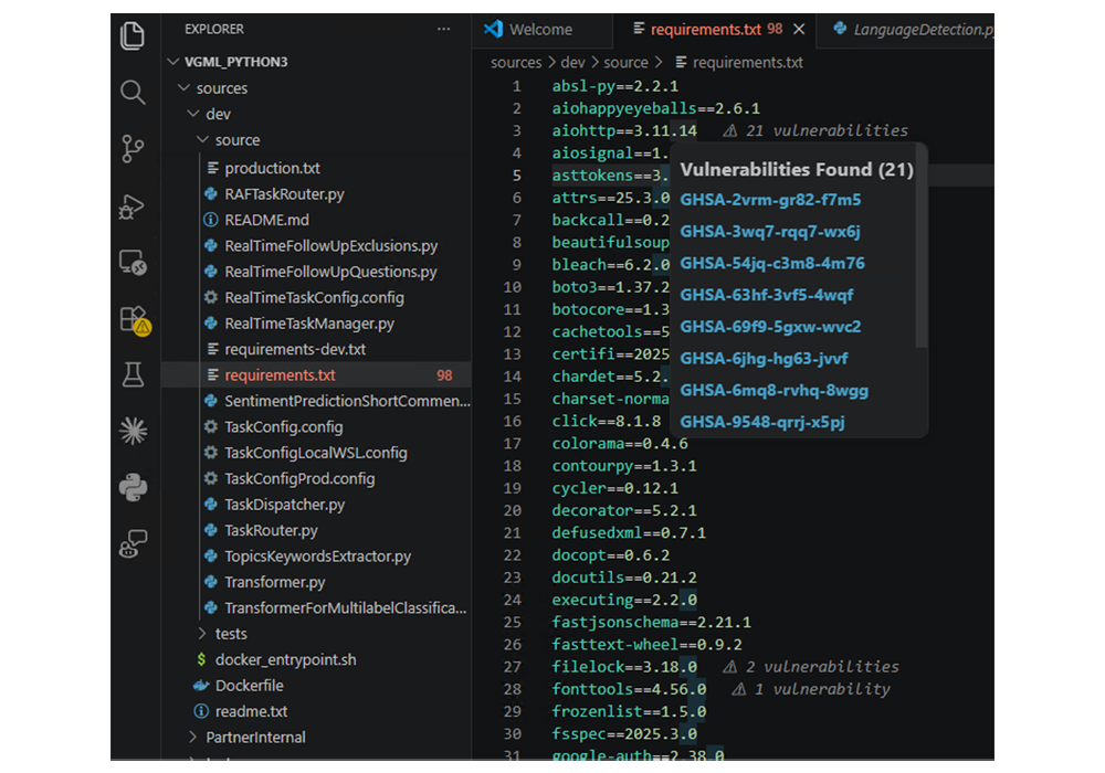 A screenshot showing the extension detecting vulnerabilities in Python code.