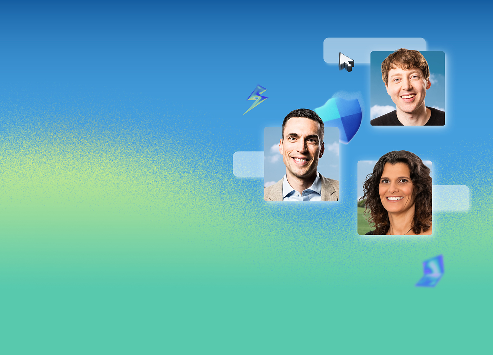 青緑のグラデーション背景に、マウスカーソル、稲妻、盾、ノートパソコンなどのデジタルアイコンでアクセントを付けた、笑顔の三人の顔写真。