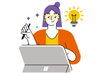 ノートパソコンの後ろで手を振る人物と、横に光る電球アイコンがあるイラスト。