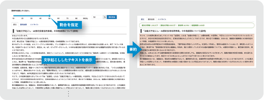 図: 割合を指定。文字起こししたテキストを表示→要約