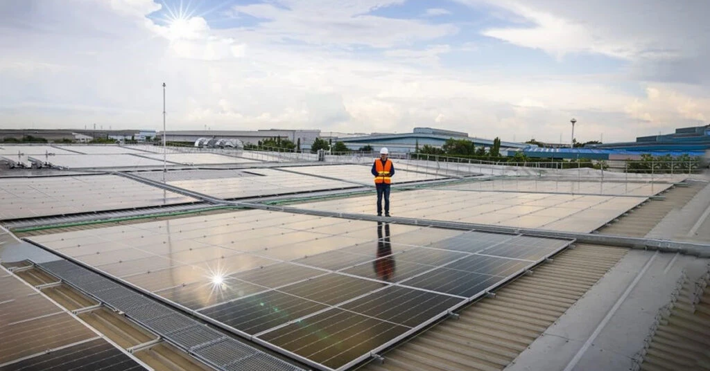 屋上ソーラーパネル上に立つ男性作業員