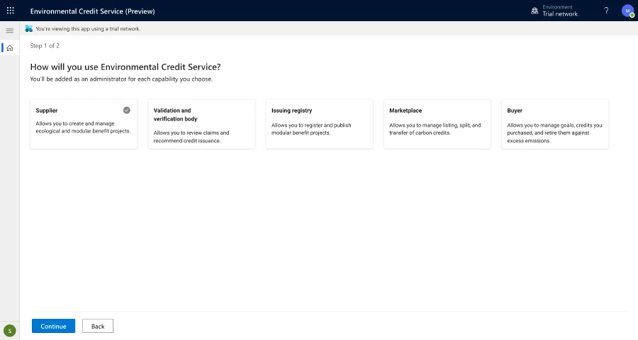 Desktop screen of Environmental Credit Service Preview setup by role