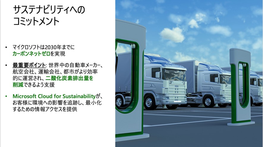 スライド画像「サステナビリティへのコミットメント」／マイクロソフトは2030年までにカーボンネットゼロを実現／最重要ポイント：世界中の自動車メーカー、航空会社、運輸会社、都市がより効率的に運営され、二酸化炭素排出量を削減できるよう支援／Microsoft Cloud for Sustainability がお客様に環境への影響を追跡し、最小化するための情報アクセスを提供