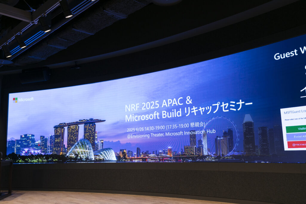 A large screen with a cityscape on it