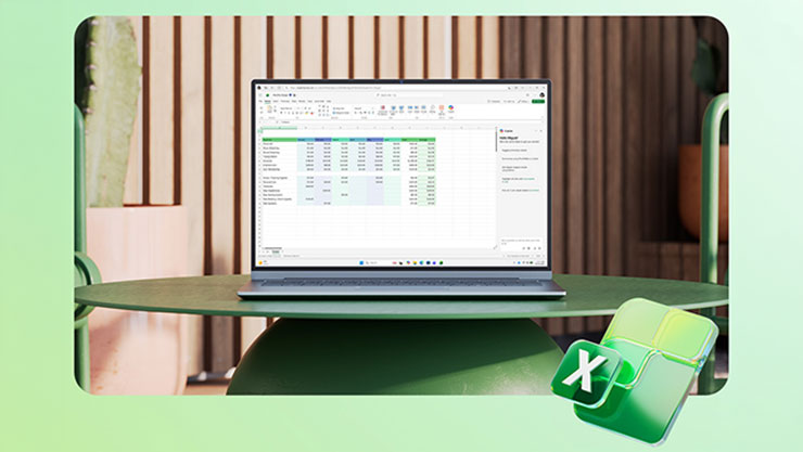 デスクの上でMicrosoft Excelのスプレッドシートを表示しているノートパソコン、データ分析と生産性を表しています。