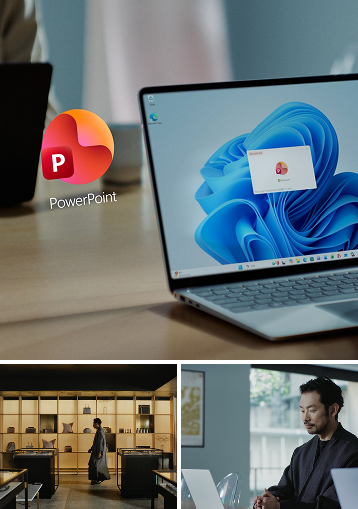モダンな店舗、ノートパソコンで作業する男性、PowerPointアイコンとWindows PCのコラージュ。