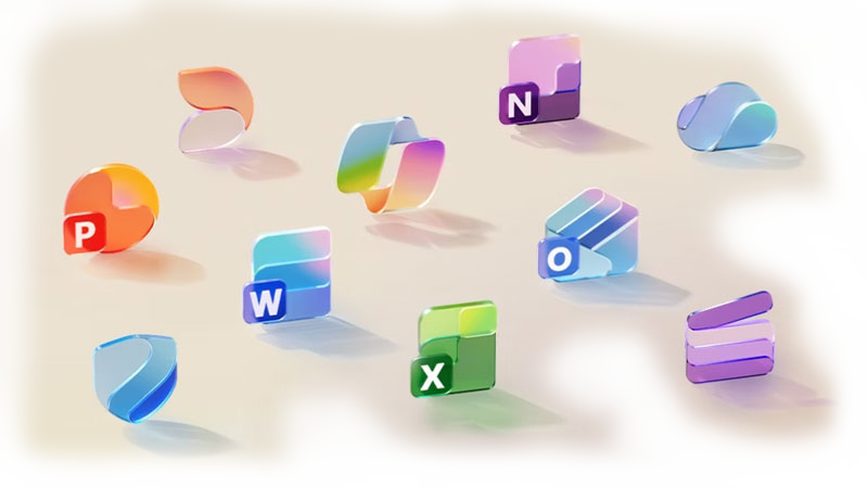 淡いベージュの背景の上に、Microsoft Officeのカラフルなアプリアイコン（Word、Excel、PowerPoint、Outlook、OneNoteなど）が散らばるように浮かんでいます。