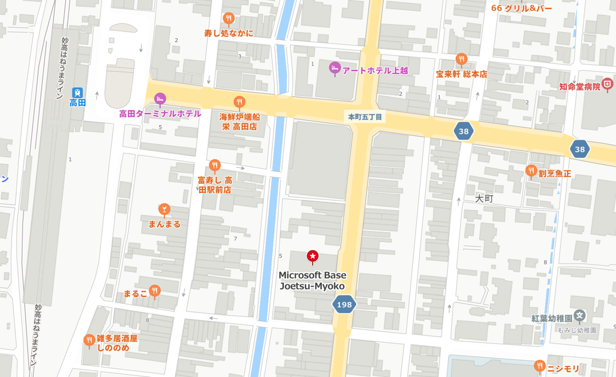 上越妙高周辺の地図で、道路、建物、水路が描かれ、「Microsoft Base Joetsu-Myoko」が赤ピンで示されています。