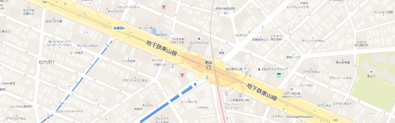 本山周辺の地図で、地下鉄東山線が強調され、道路や建物が描かれています。