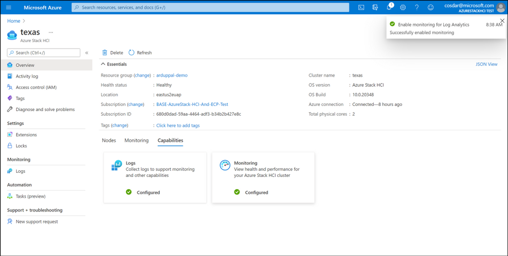 Azure Portal の図。「texas」という名前の Azure Stack HCI クラスターが表示されています。このページには、クラスターの正常性状態、サブスクリプション、OS バージョン、監視機能などの詳細情報が表示され、左側にナビゲーション オプションがあります。