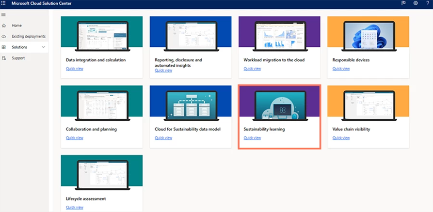 Desktop screen to Find new sustainability coursework in the Microsoft Cloud Solution Center