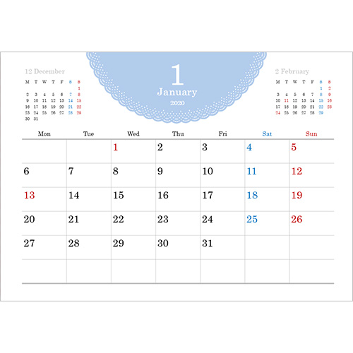 2026 年度カレンダー (A4 サイズ・ヨコ・1 か月・シンプル レース) 画像スライド-1