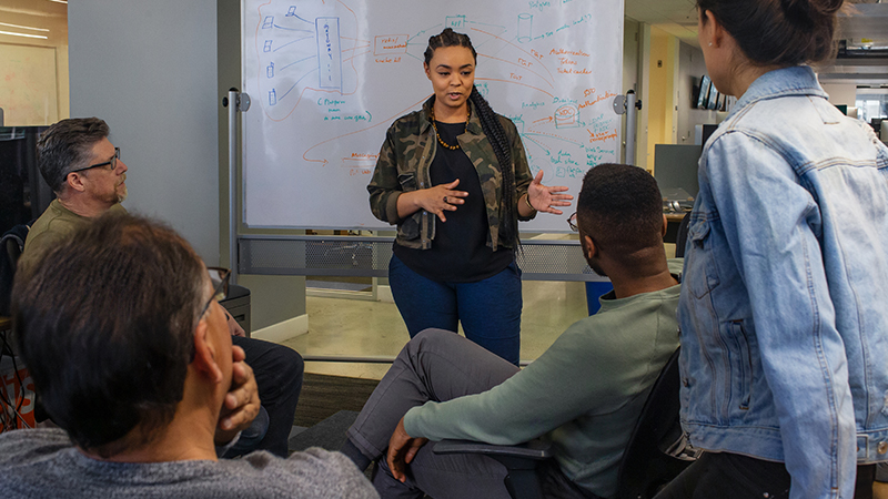 uma mulher em frente a uma lousa branca faz uma apresentação para 3 homens a sua frente.
