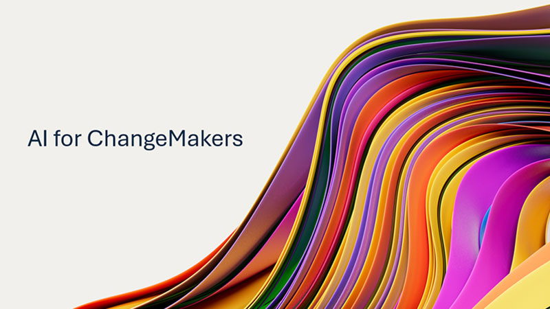 IA para ChangeMakers |  com um fundo abstrato colorido de fitas onduladas em camadas em tons de arco-íris.