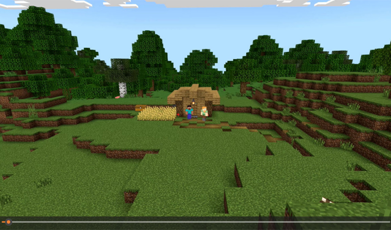 Cena de jogo em estilo Minecraft com personagens em uma área verde com árvores e uma construção simples.