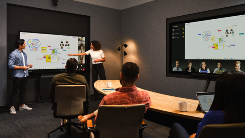 cinco pessoas em uma sala de reunião olhando para um monitor com uma apresentação. Ao lado outro monitor com pessoas em chamada.