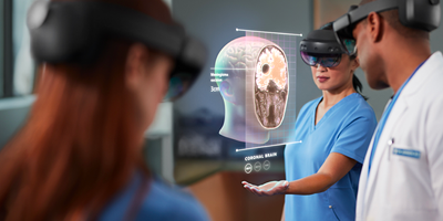 Tr&ecirc;s profissionais da sa&uacute;de utilizando realidade virtual