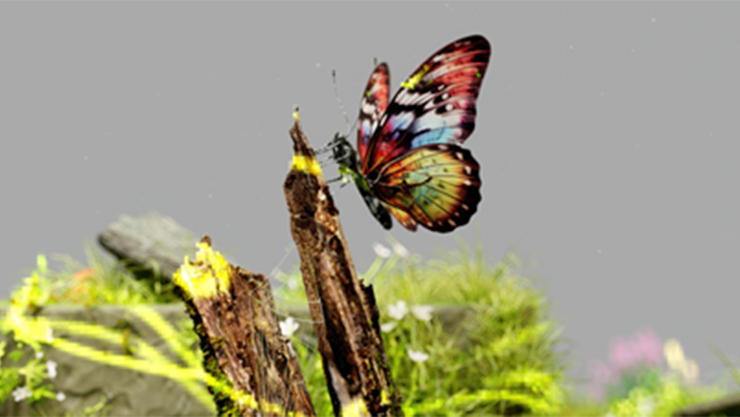 A colorful butterfly on a stick with grass around it
